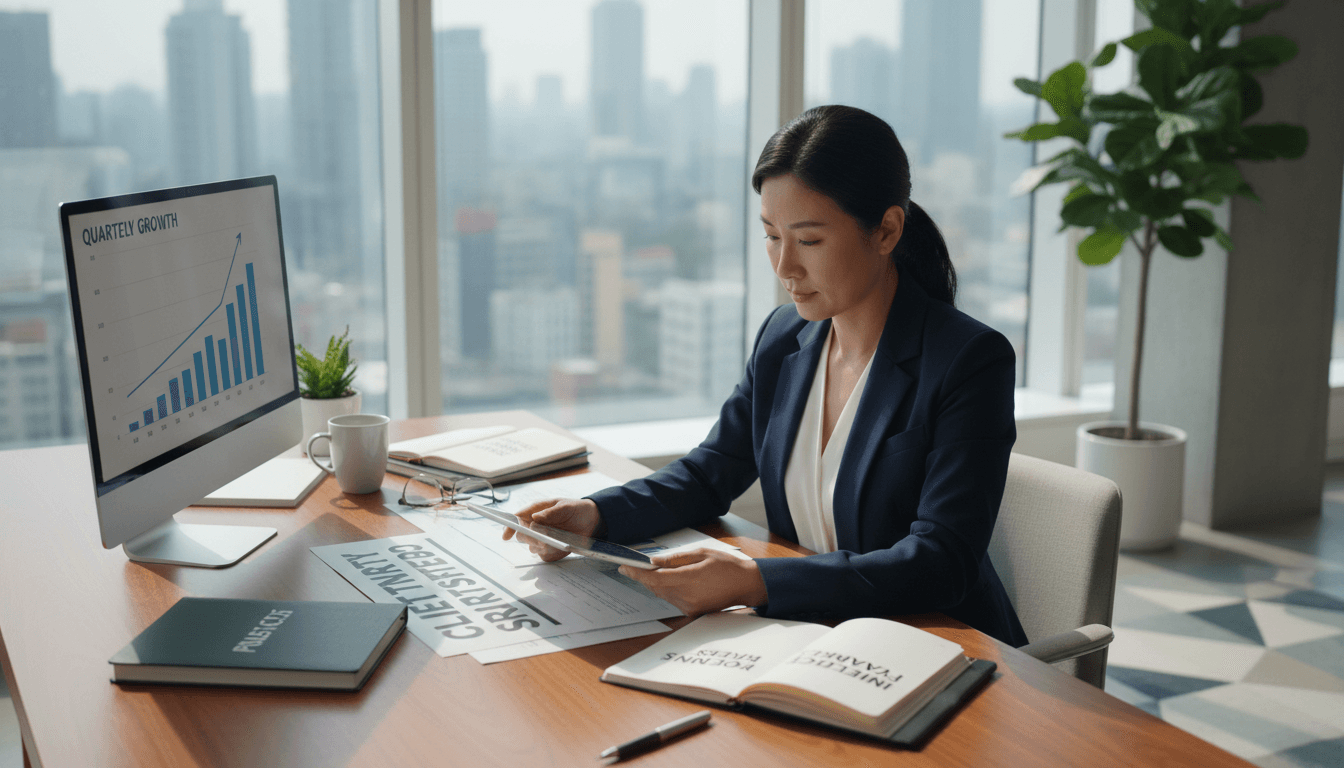 Business advisor reviewing growth strategy with client documentation